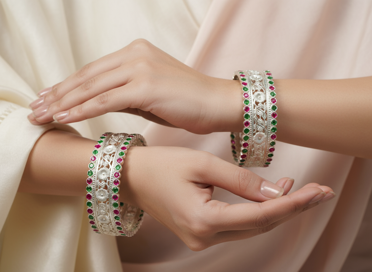 Premium Sterling Silver Multi-Color CZ Studded Filigree Bangle Set (Pair) (Made to Order)
