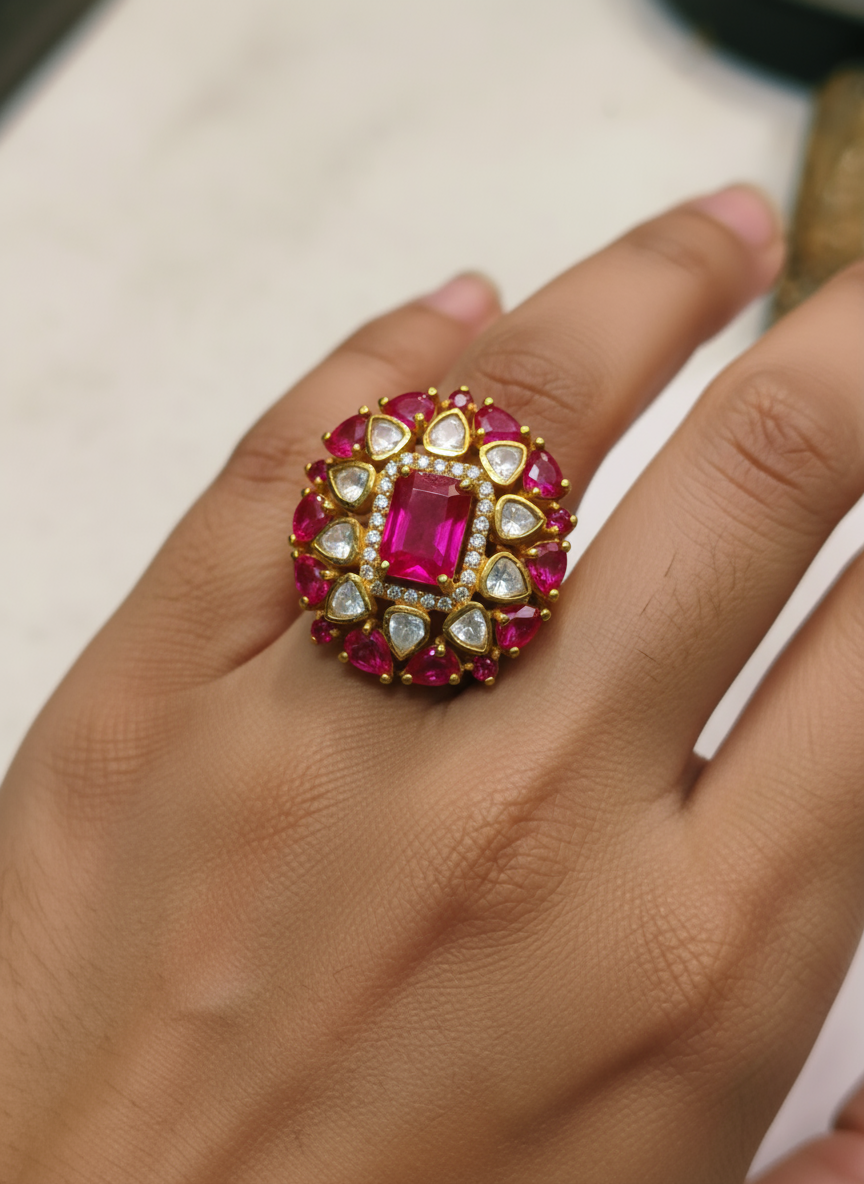 925 Sterling Silver Gold Plated Moissanite Ring with Ruby Red Stones | Luxury Statement Cocktail Ring for Women