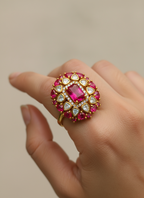 925 Sterling Silver Gold Plated Moissanite Ring with Ruby Red Stones | Luxury Statement Cocktail Ring for Women
