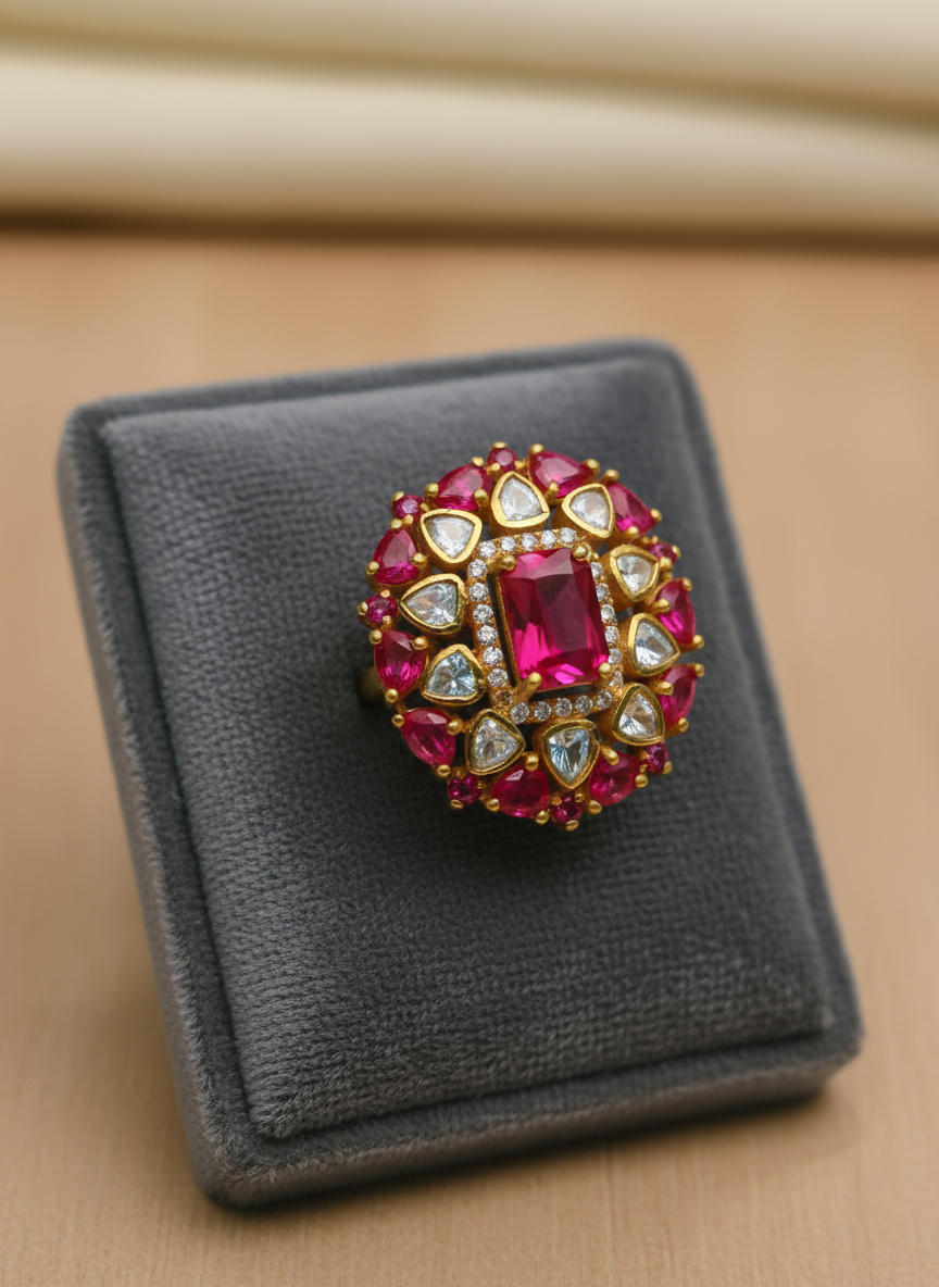 925 Sterling Silver Gold Plated Moissanite Ring with Ruby Red Stones | Luxury Statement Cocktail Ring for Women