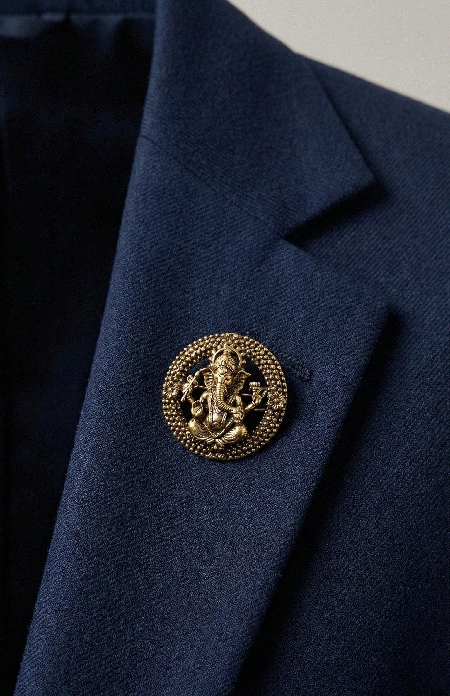 Antique Gold Lord Ganesha Brooch | Round Temple Style Ganpati Pin | Spiritual Ethnic Lapel Brooch for Men & Women