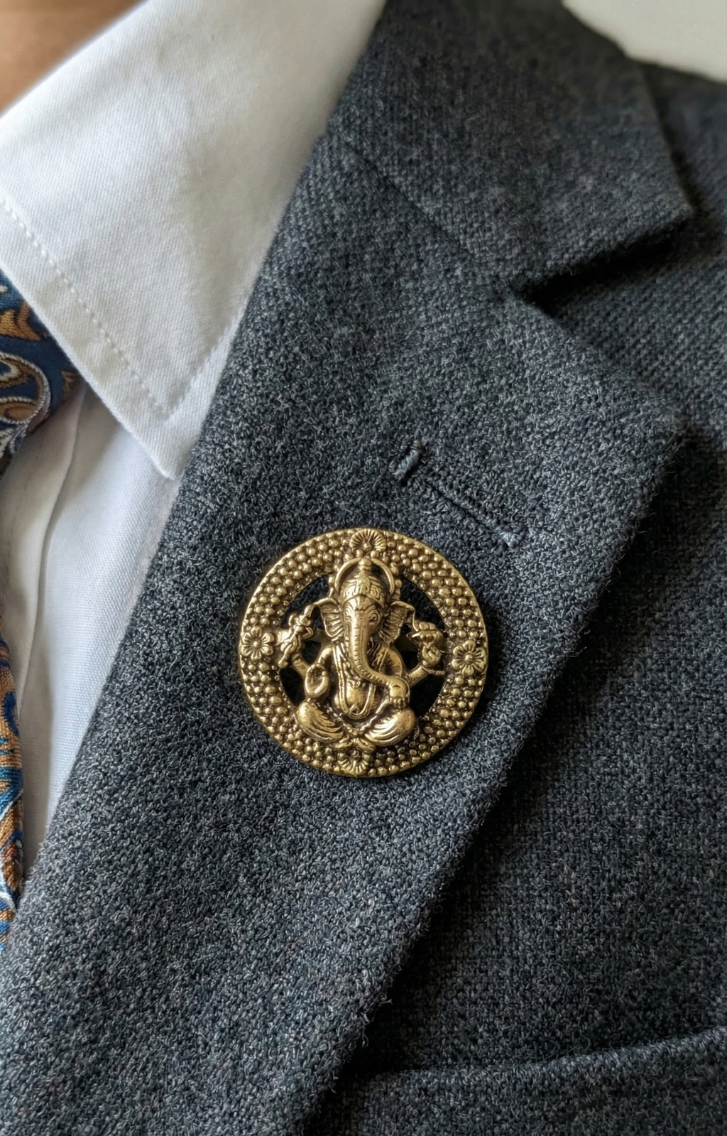 Antique Gold Lord Ganesha Brooch | Round Temple Style Ganpati Pin | Spiritual Ethnic Lapel Brooch for Men & Women