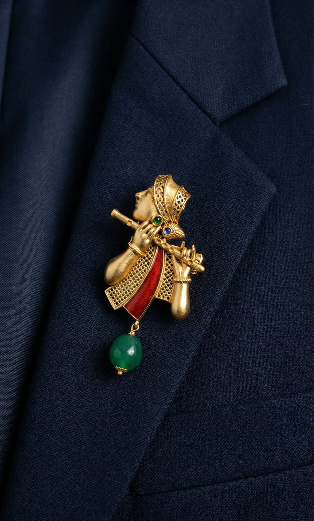 Lord Krishna Bansuri Gold Plated Brass Brooch with Artificial Stones | Ethnic Spiritual Jewelry Pin