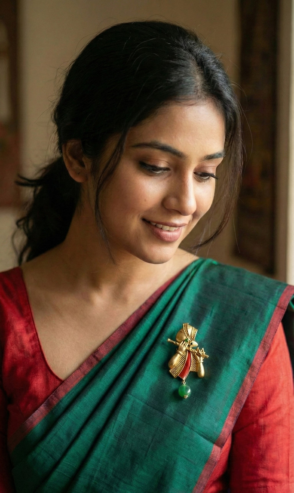 Lord Krishna Bansuri Gold Plated Brass Brooch with Artificial Stones | Ethnic Spiritual Jewelry Pin