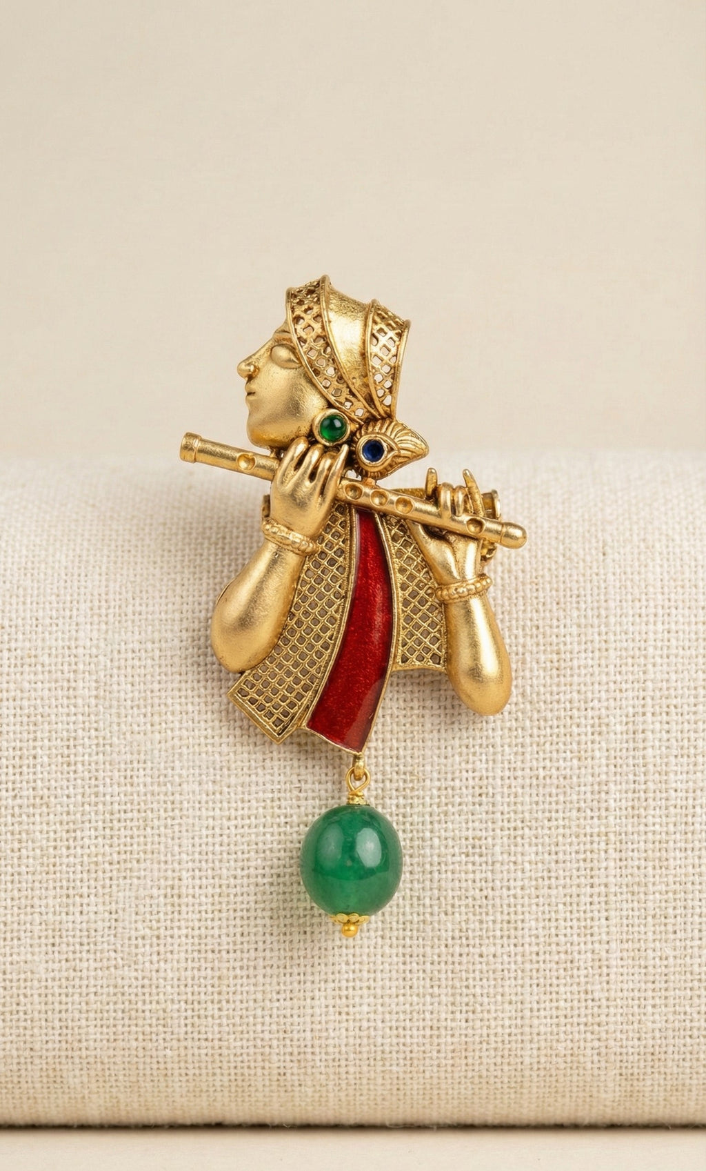 Lord Krishna Bansuri Gold Plated Brass Brooch with Artificial Stones | Ethnic Spiritual Jewelry Pin