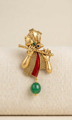 Lord Krishna Bansuri Gold Plated Brass Brooch with Artificial Stones | Ethnic Spiritual Jewelry Pin