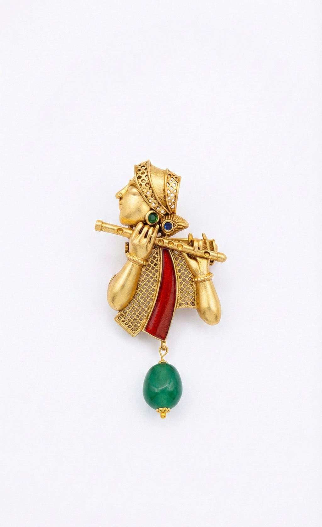 Lord Krishna Bansuri Gold Plated Brass Brooch with Artificial Stones | Ethnic Spiritual Jewelry Pin