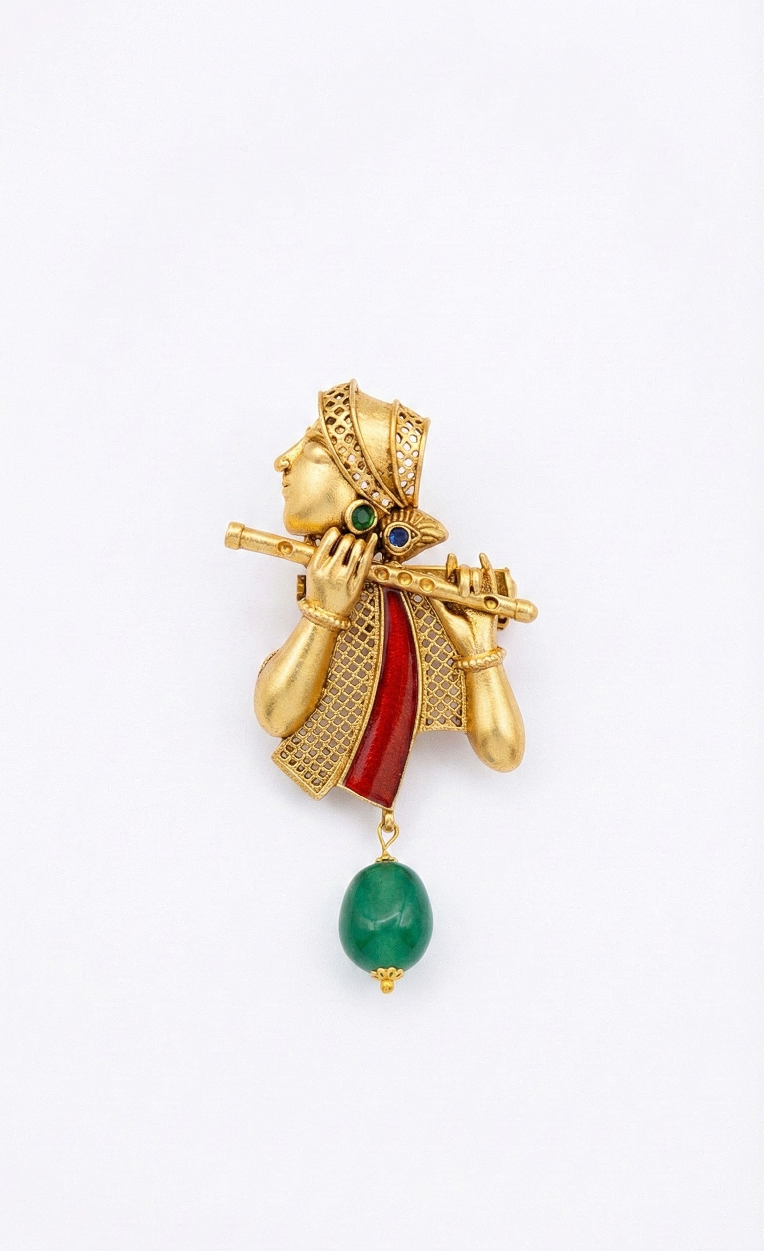 Lord Krishna Bansuri Gold Plated Brass Brooch with Artificial Stones | Ethnic Spiritual Jewelry Pin