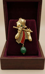 Lord Krishna Bansuri Gold Plated Brass Brooch with Artificial Stones | Ethnic Spiritual Jewelry Pin