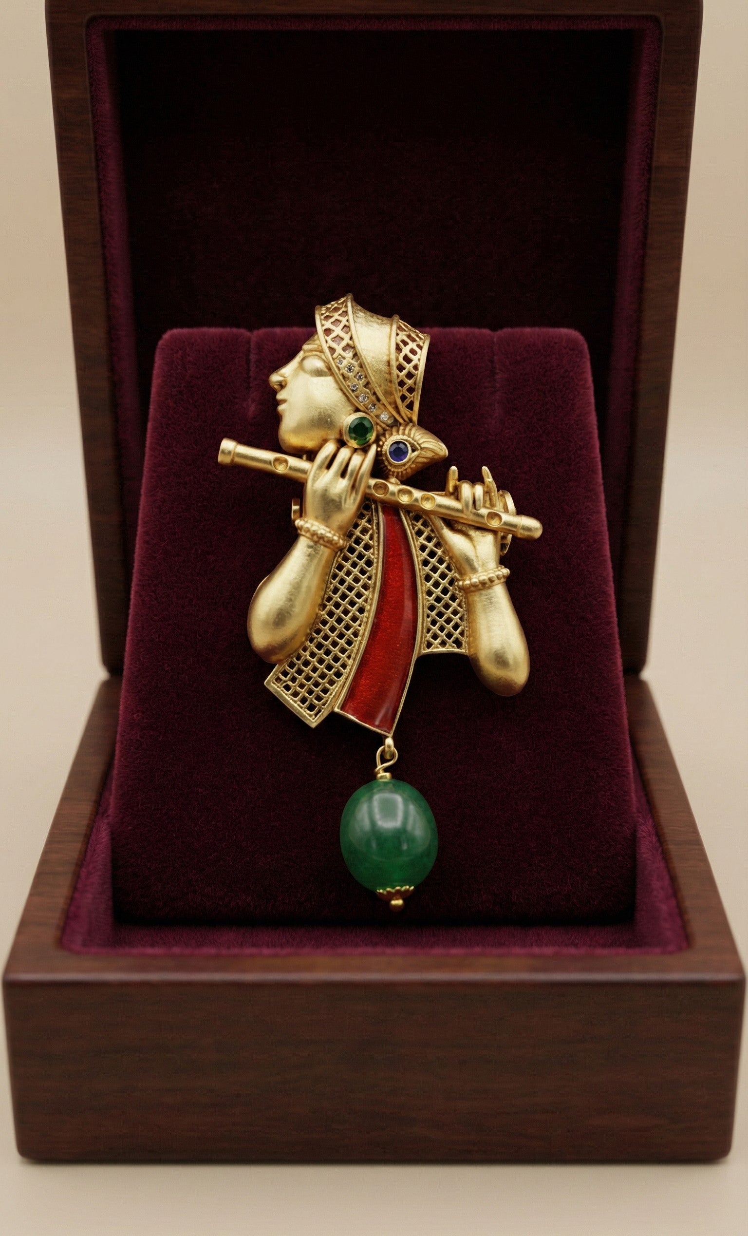 Lord Krishna Bansuri Gold Plated Brass Brooch with Artificial Stones | Ethnic Spiritual Jewelry Pin