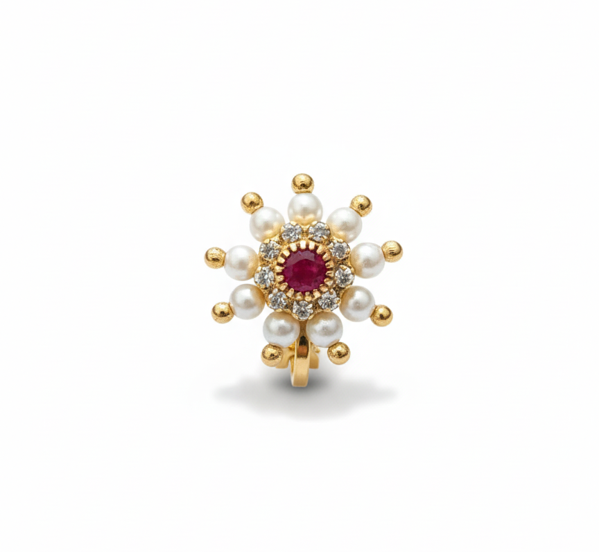 Maharashtrian Style Nath Nose Pin | Red Stone & Pearl Kundan Design | Gold Plated Traditional Clip-On Nose Ring for Women