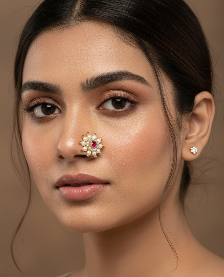 Maharashtrian Style Nath Nose Pin | Red Stone & Pearl Kundan Design | Gold Plated Traditional Clip-On Nose Ring for Women