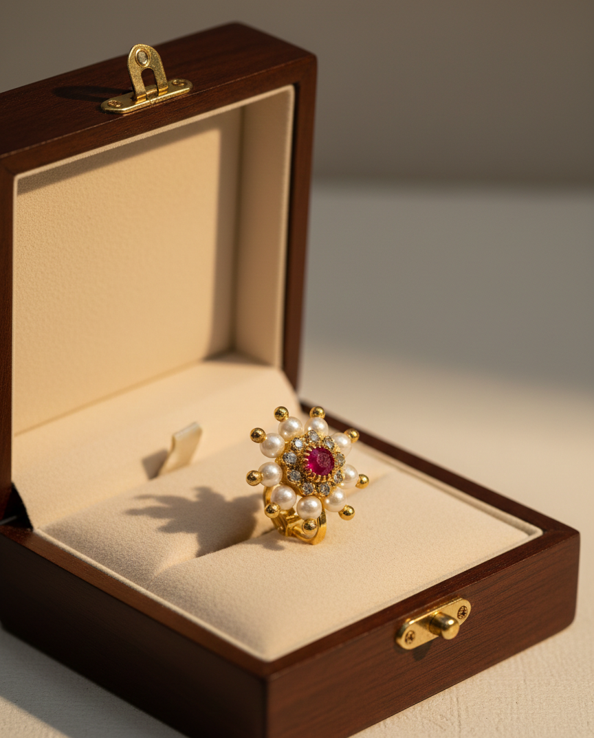 Maharashtrian Style Nath Nose Pin | Red Stone & Pearl Kundan Design | Gold Plated Traditional Clip-On Nose Ring for Women