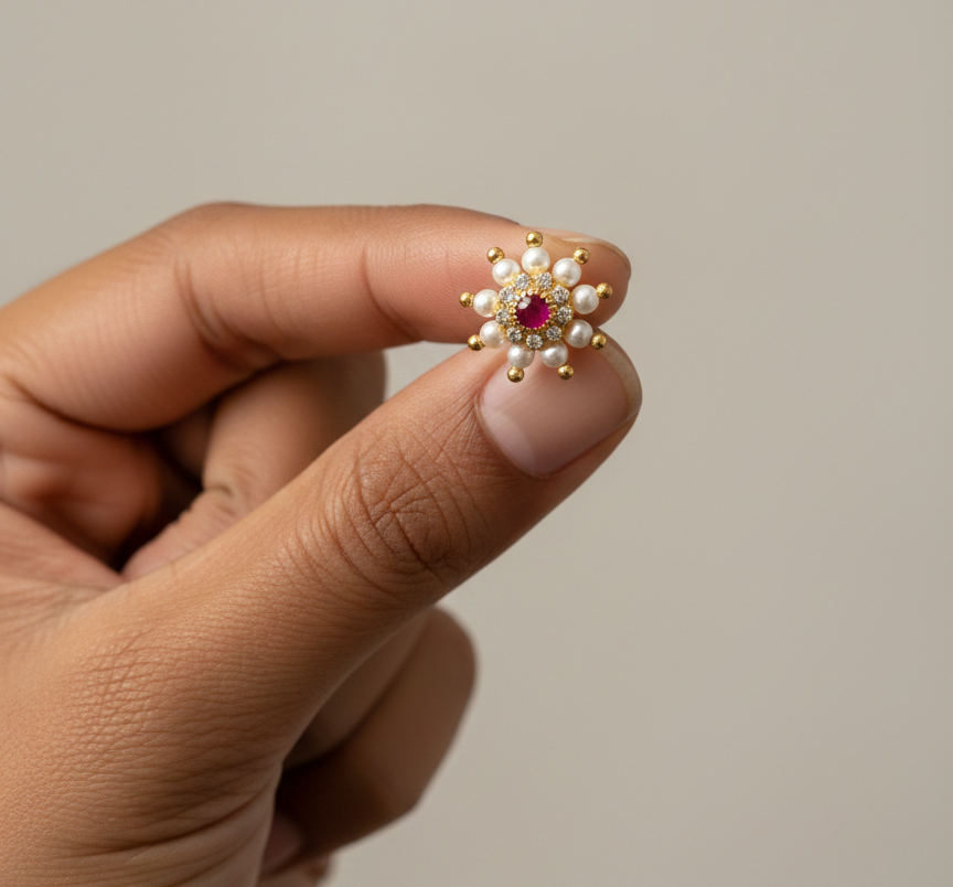 Maharashtrian Style Nath Nose Pin | Red Stone & Pearl Kundan Design | Gold Plated Traditional Clip-On Nose Ring for Women