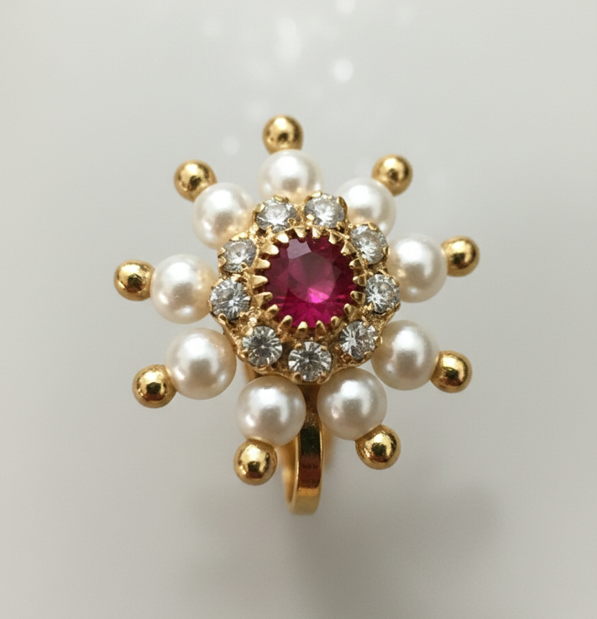 Maharashtrian Style Nath Nose Pin | Red Stone & Pearl Kundan Design | Gold Plated Traditional Clip-On Nose Ring for Women