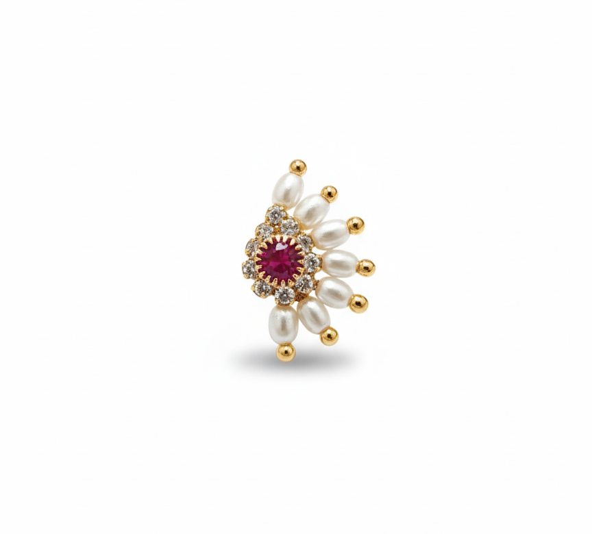 Maharashtrian Style Nath Nose Pin | Pink Stone & Pearl Kundan Design | Gold Plated Traditional Clip-On Nose Ring for Women