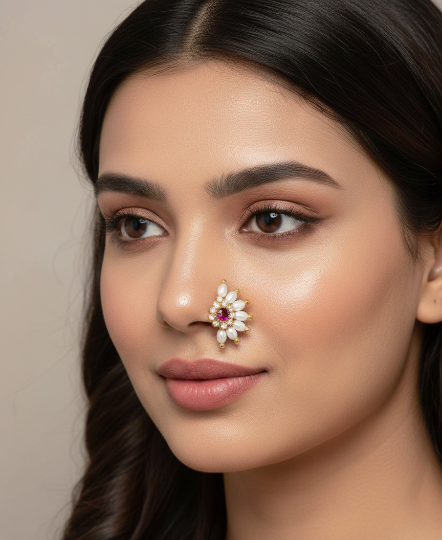 Maharashtrian Style Nath Nose Pin | Pink Stone & Pearl Kundan Design | Gold Plated Traditional Clip-On Nose Ring for Women