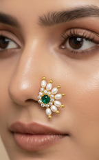 Maharashtrian Style Nath Nose Pin | Green Stone & Pearl Kundan Design | Gold Plated Traditional Nath | Non-Piercing Nose Ring for Women