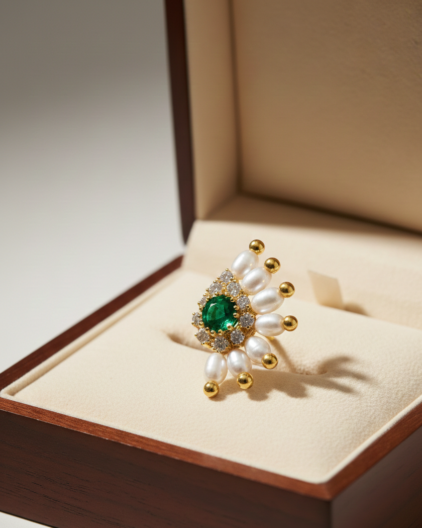 Maharashtrian Style Nath Nose Pin | Green Stone & Pearl Kundan Design | Gold Plated Traditional Nath | Non-Piercing Nose Ring for Women