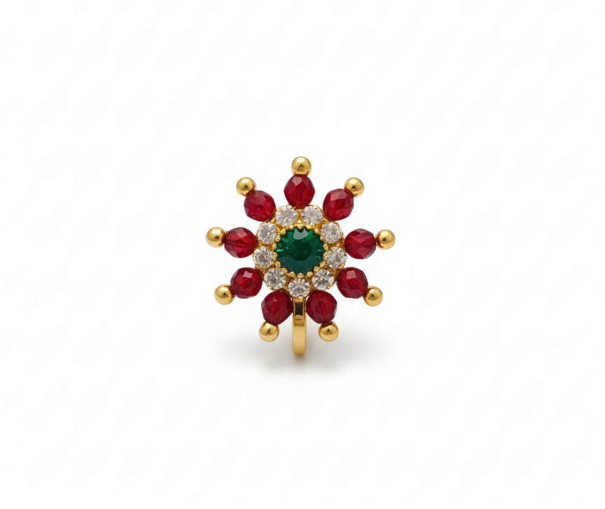 Maharashtrian Style Nath Nose Pin | Red & Green Stone Kundan Design | Gold Plated Traditional Clip-On Nose Ring for Women