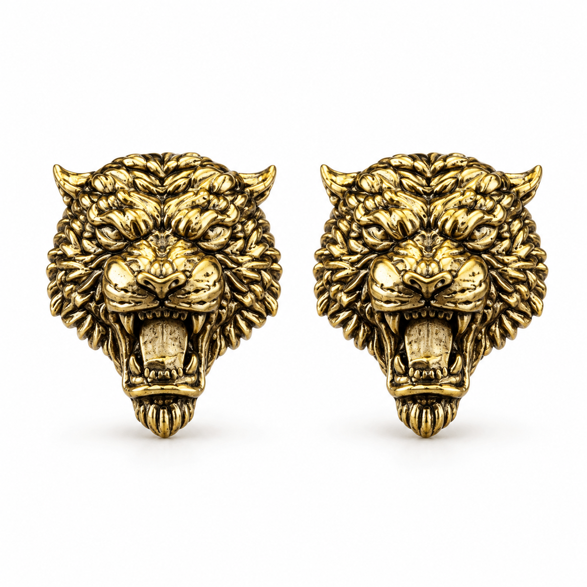 Antique Gold Plated Brass Lion Face Button Covers for Men | Royal Roaring Lion Design Shirt Accessories | Pair of Decorative Button Studs