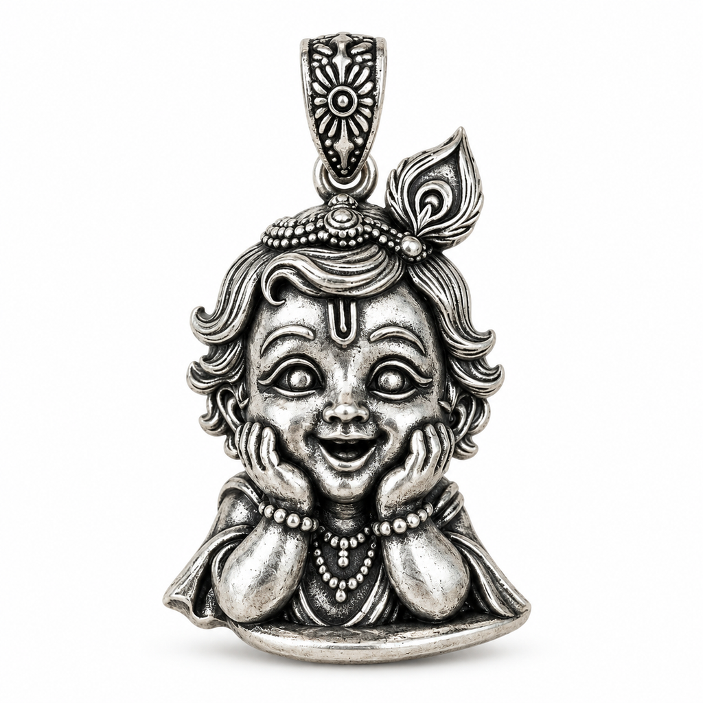 Krishna Bal Roop Pendant for Men and Women | Silver Plated Brass Laddu Gopal Design with Antique Oxidised Finish | Religious Hindu God Pendant | Made to Order