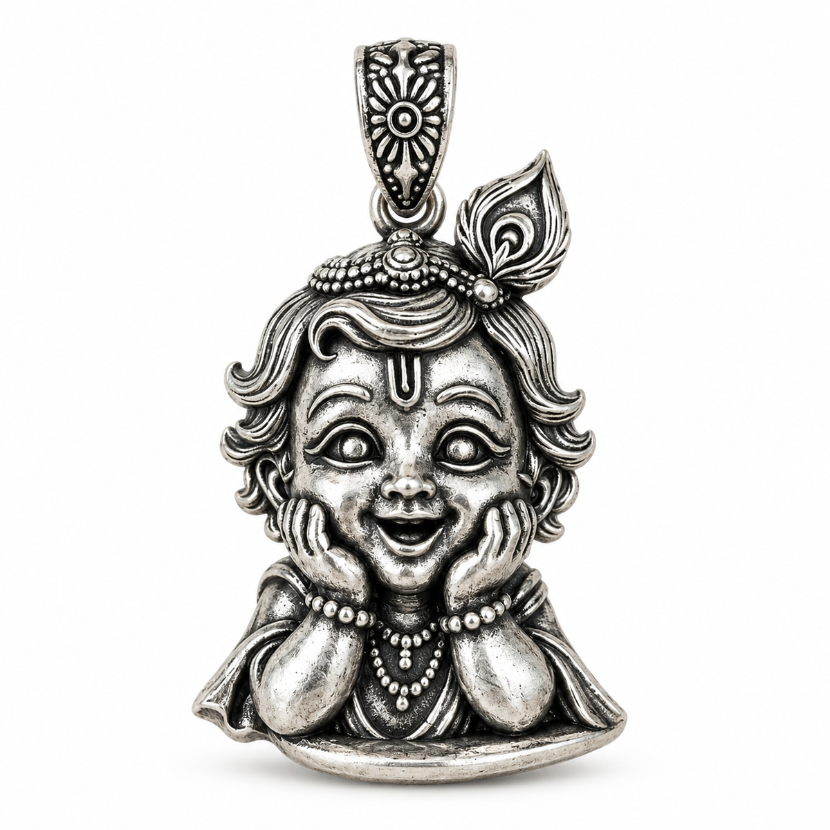 Krishna Bal Roop Pendant for Men and Women | Silver Plated Brass Laddu Gopal Design with Antique Oxidised Finish | Religious Hindu God Pendant | Made to Order