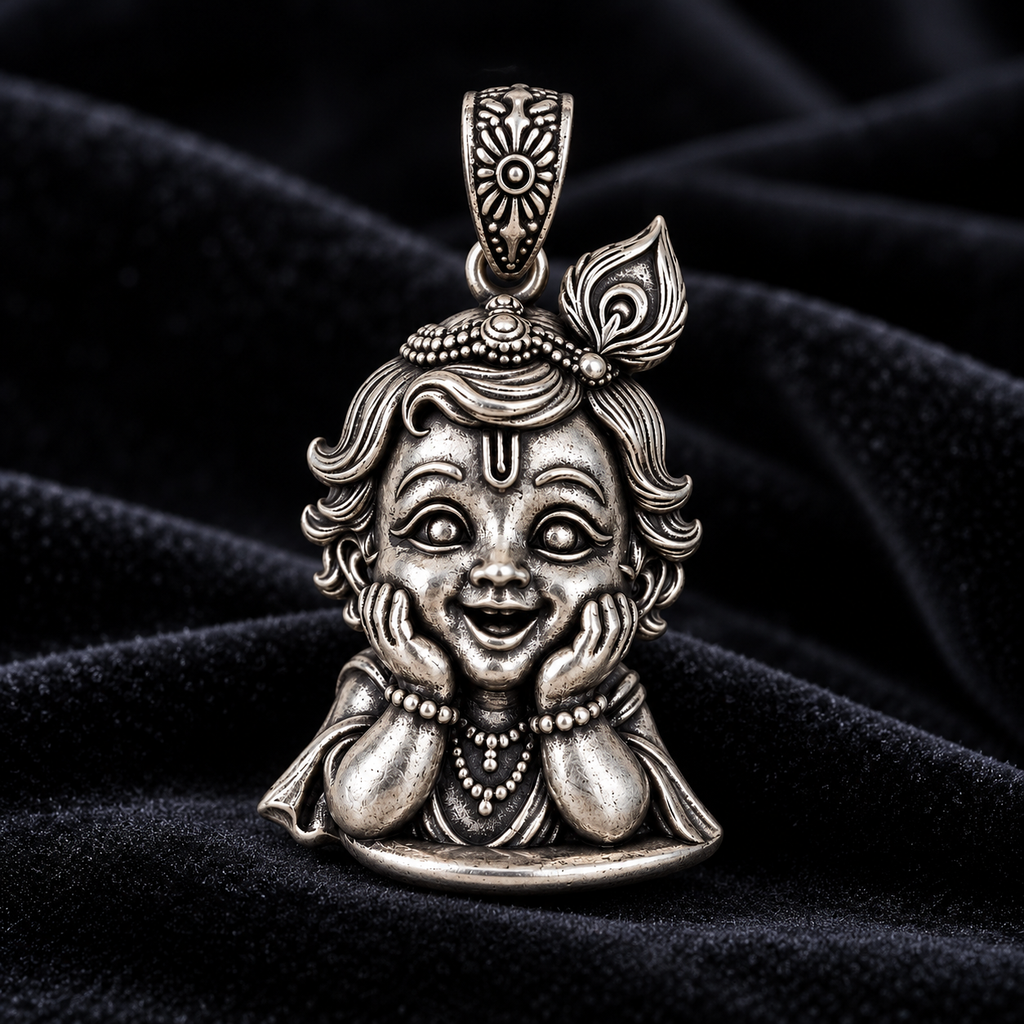 Krishna Bal Roop Pendant for Men and Women | Silver Plated Brass Laddu Gopal Design with Antique Oxidised Finish | Religious Hindu God Pendant | Made to Order