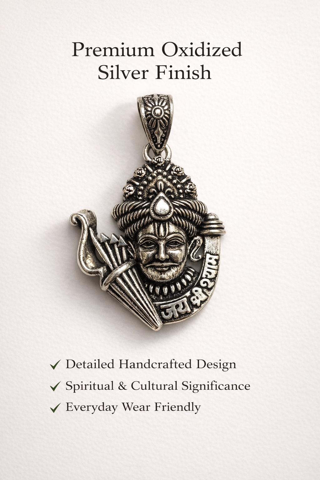 Khatu Shyam Ji Teen Baan Pendant – Oxidised Silver Plated Brass | Teen Baan Dhari Shyam Baba Locket | Spiritual Protection Jewelry for Men & Women