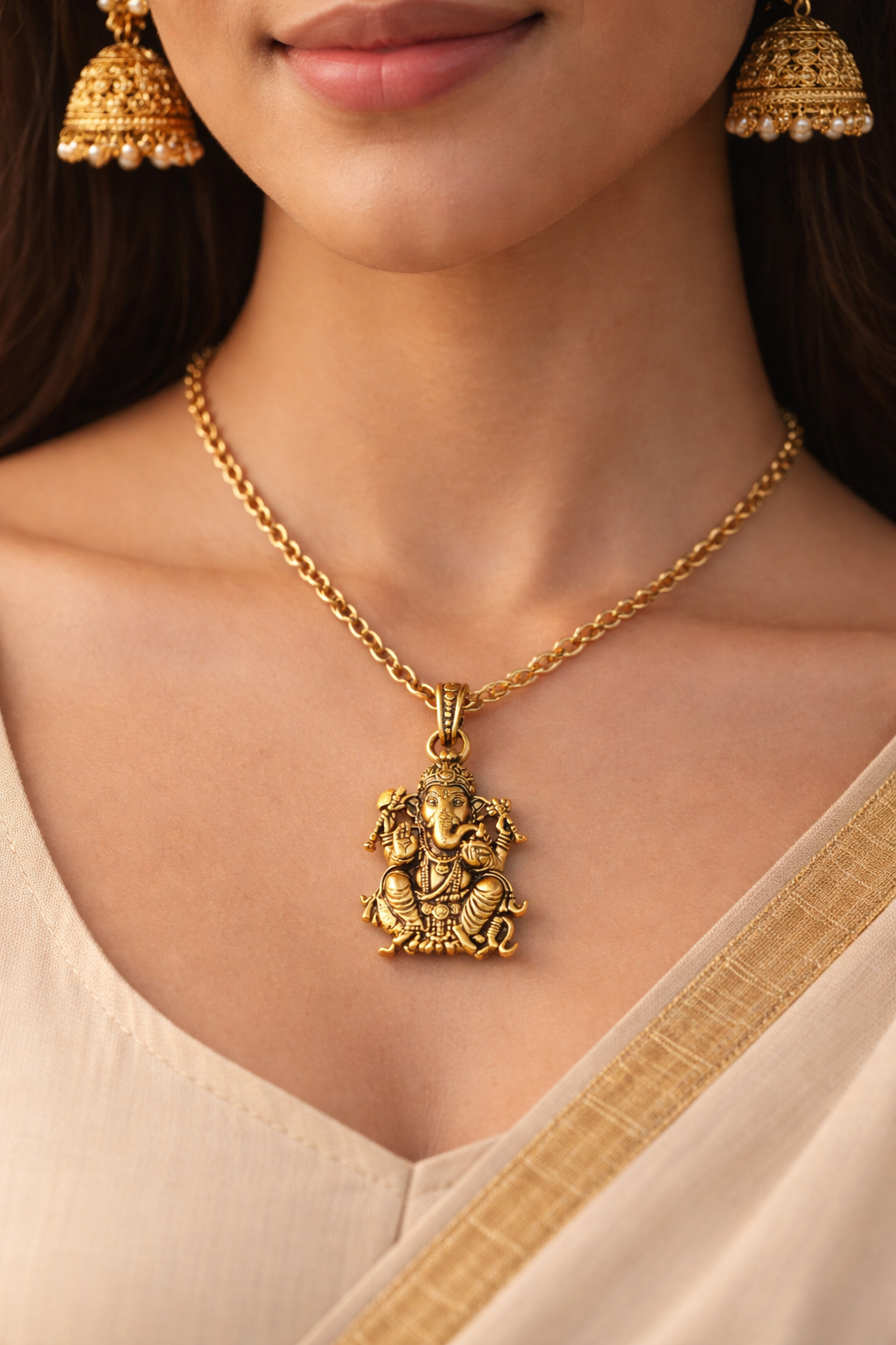 Exquisite Lord Ganesha Pendant with Mushak – Sacred Brass Jewelry Symbolizing Wisdom, Fortune, and Protection, Perfect for Devotional Wear and Spiritual Blessings