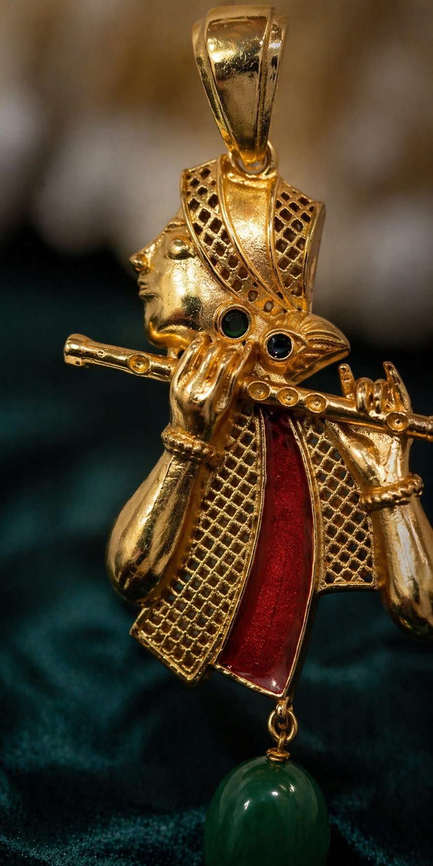 Lord Krishna Basuri Style Pendant with Green Bead Drop Ethnic Gold Tone Jewelry