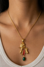 Lord Krishna Basuri Style Pendant with Green Bead Drop Ethnic Gold Tone Jewelry