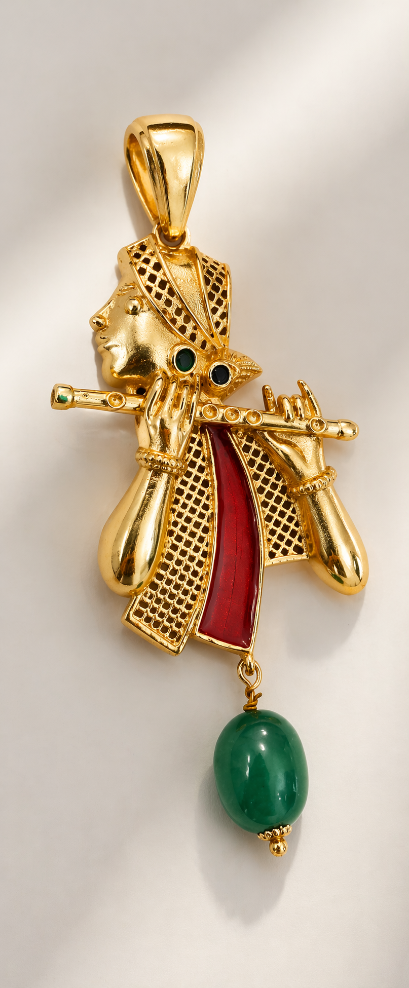 Lord Krishna Basuri Style Pendant with Green Bead Drop Ethnic Gold Tone Jewelry
