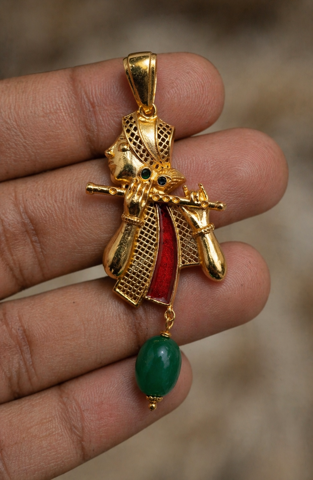 Lord Krishna Basuri Style Pendant with Green Bead Drop Ethnic Gold Tone Jewelry