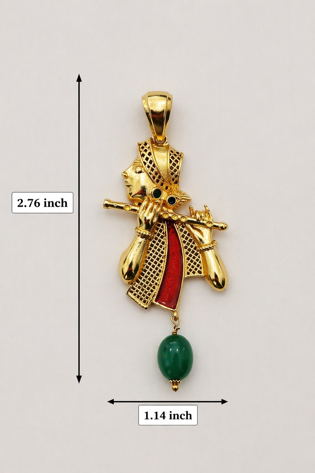 Lord Krishna Basuri Style Pendant with Green Bead Drop Ethnic Gold Tone Jewelry