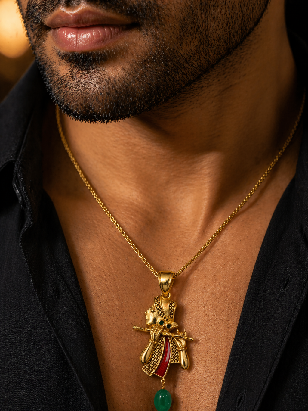Lord Krishna Basuri Style Pendant with Green Bead Drop Ethnic Gold Tone Jewelry