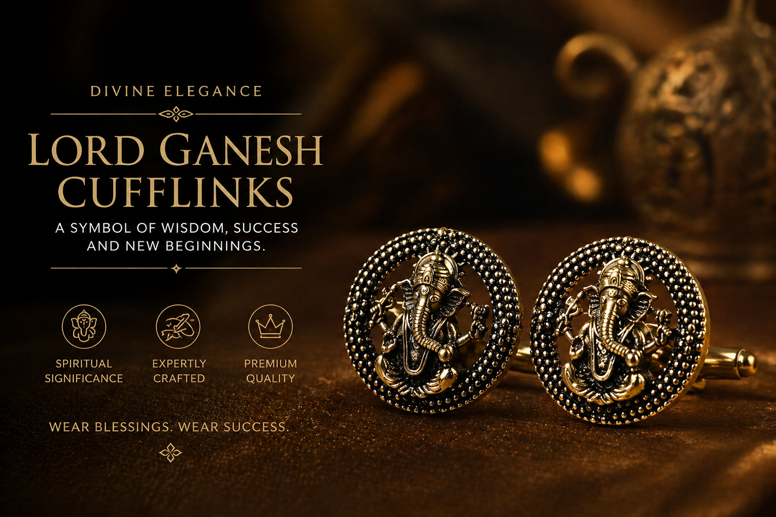 Shri Ganesh Antique Gold Cufflinks for Men | Premium Brass Ethnic Spiritual Cuff Links