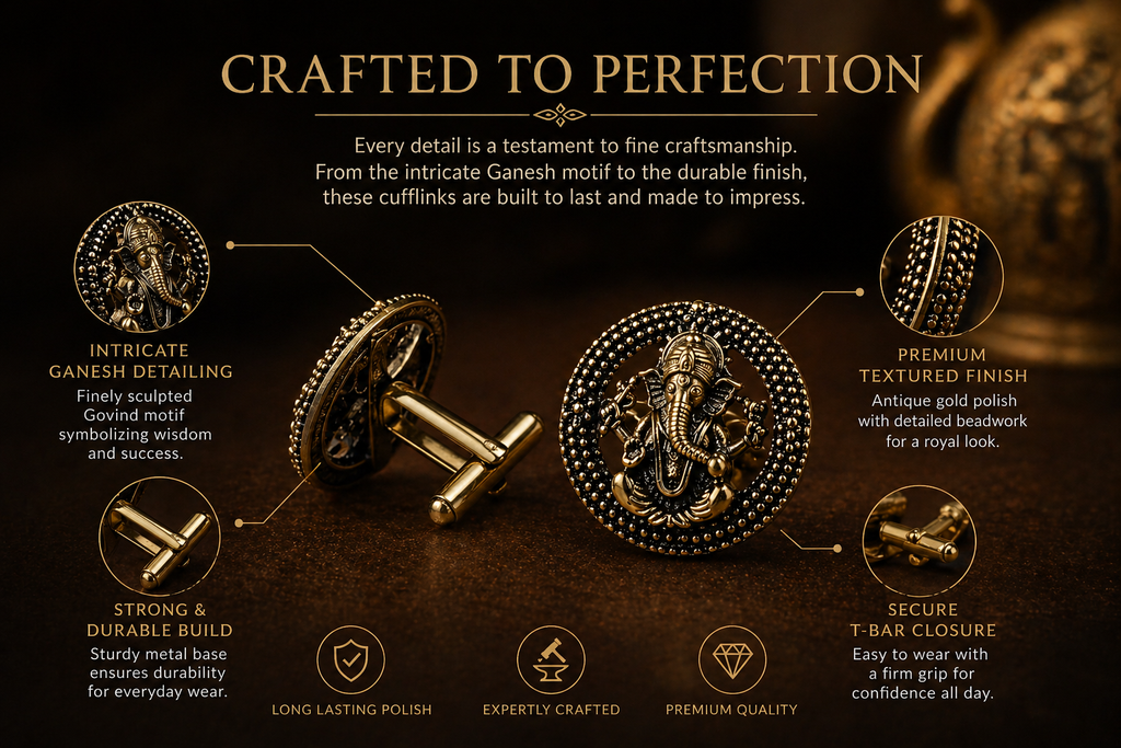 Shri Ganesh Antique Gold Cufflinks for Men | Premium Brass Ethnic Spiritual Cuff Links