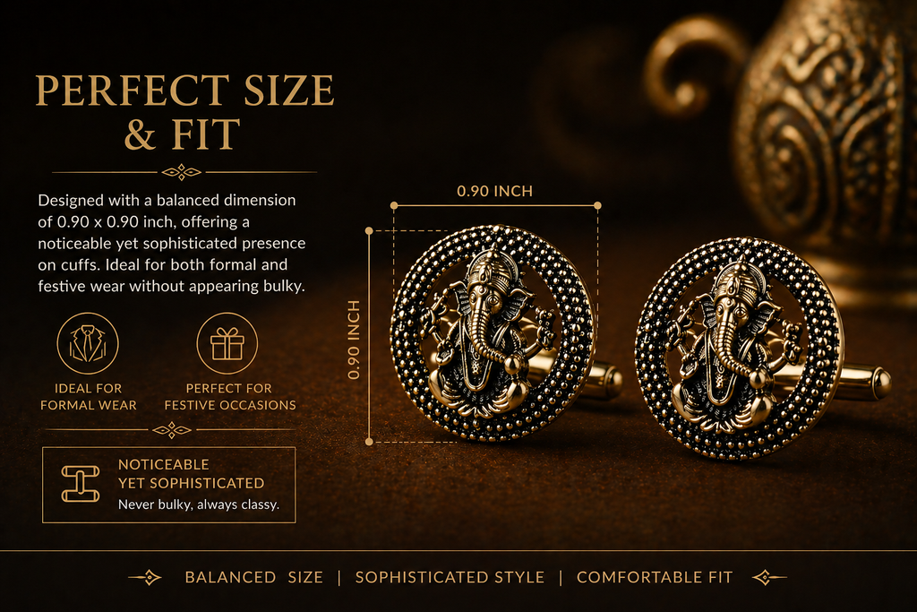 Shri Ganesh Antique Gold Cufflinks for Men | Premium Brass Ethnic Spiritual Cuff Links
