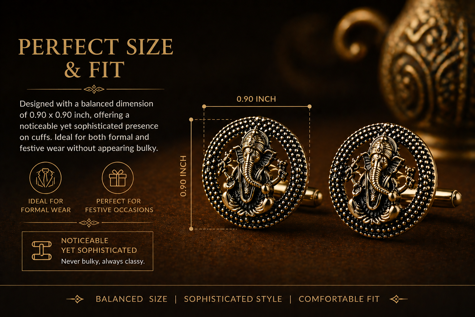 Shri Ganesh Antique Gold Cufflinks for Men | Premium Brass Ethnic Spiritual Cuff Links