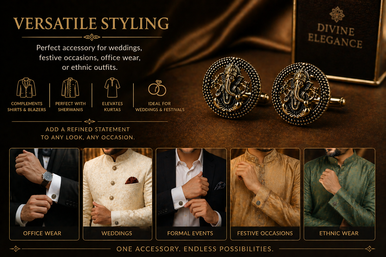 Shri Ganesh Antique Gold Cufflinks for Men | Premium Brass Ethnic Spiritual Cuff Links