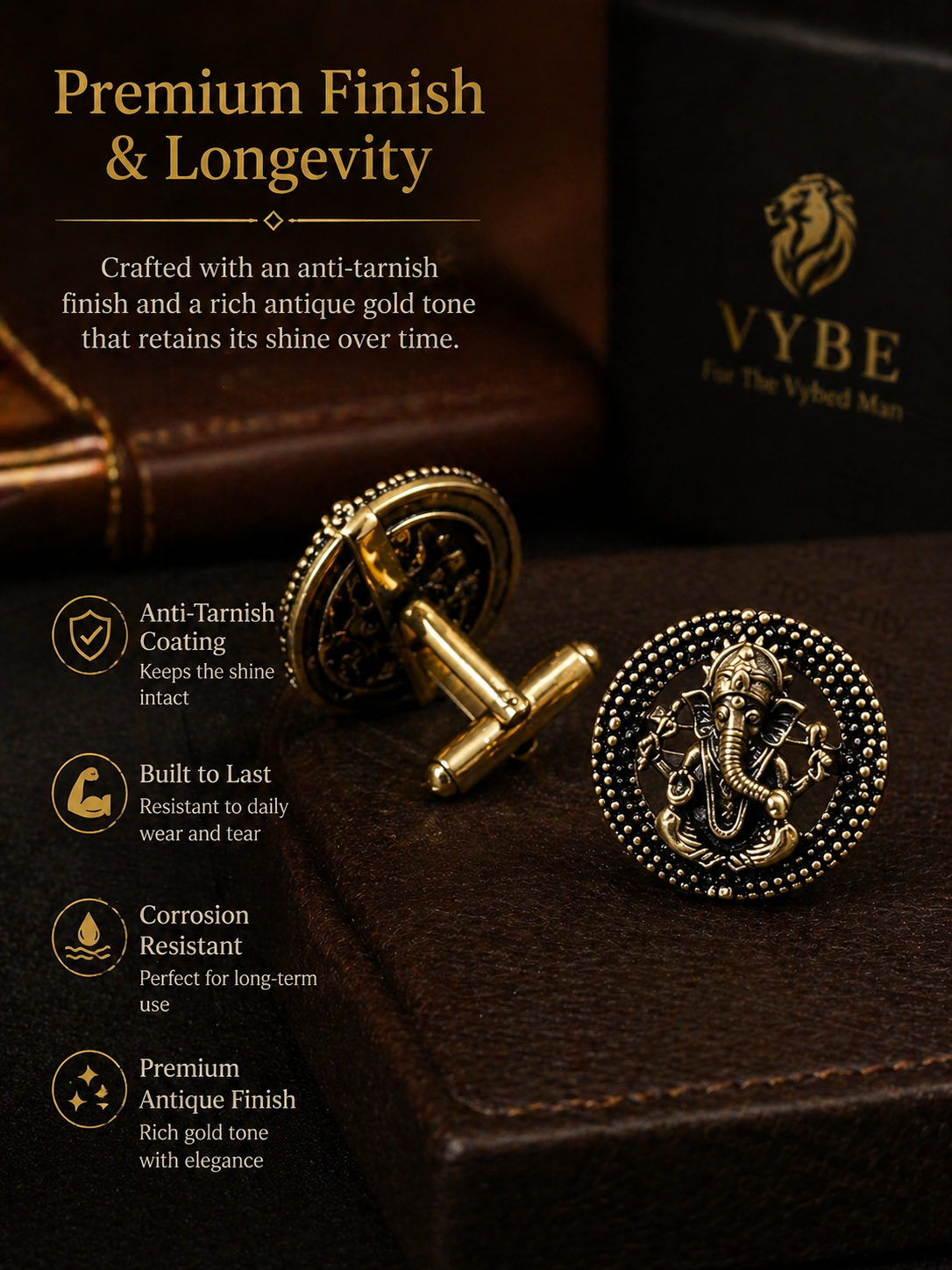 Shri Ganesh Antique Gold Cufflinks for Men | Premium Brass Ethnic Spiritual Cuff Links