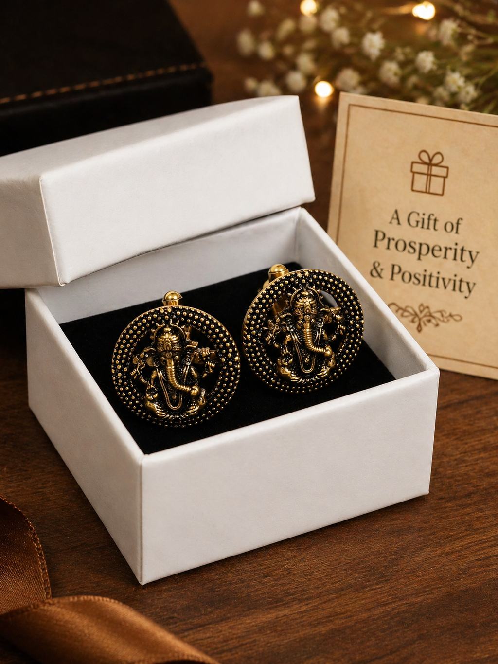Shri Ganesh Antique Gold Cufflinks for Men | Premium Brass Ethnic Spiritual Cuff Links