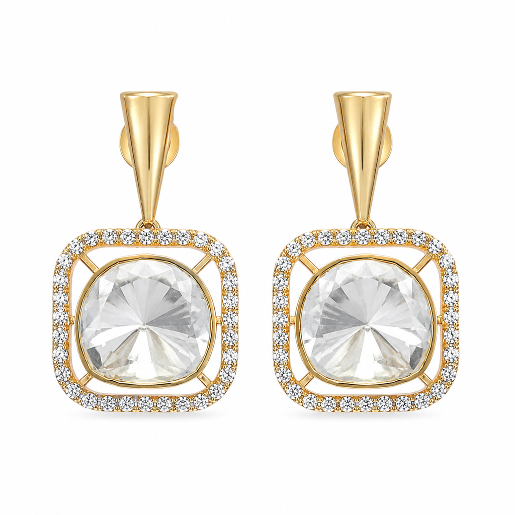 Gold Plated 925 Silver Moissanite Polki Dangle Earrings | Elegant Square Drop Earrings for Women