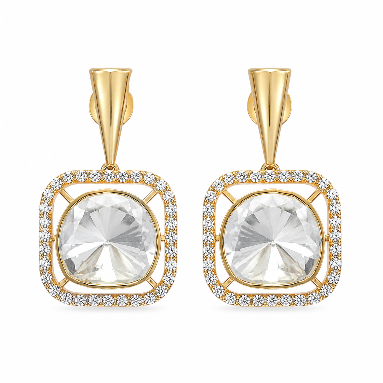 Gold Plated 925 Silver Moissanite Polki Dangle Earrings | Elegant Square Drop Earrings for Women