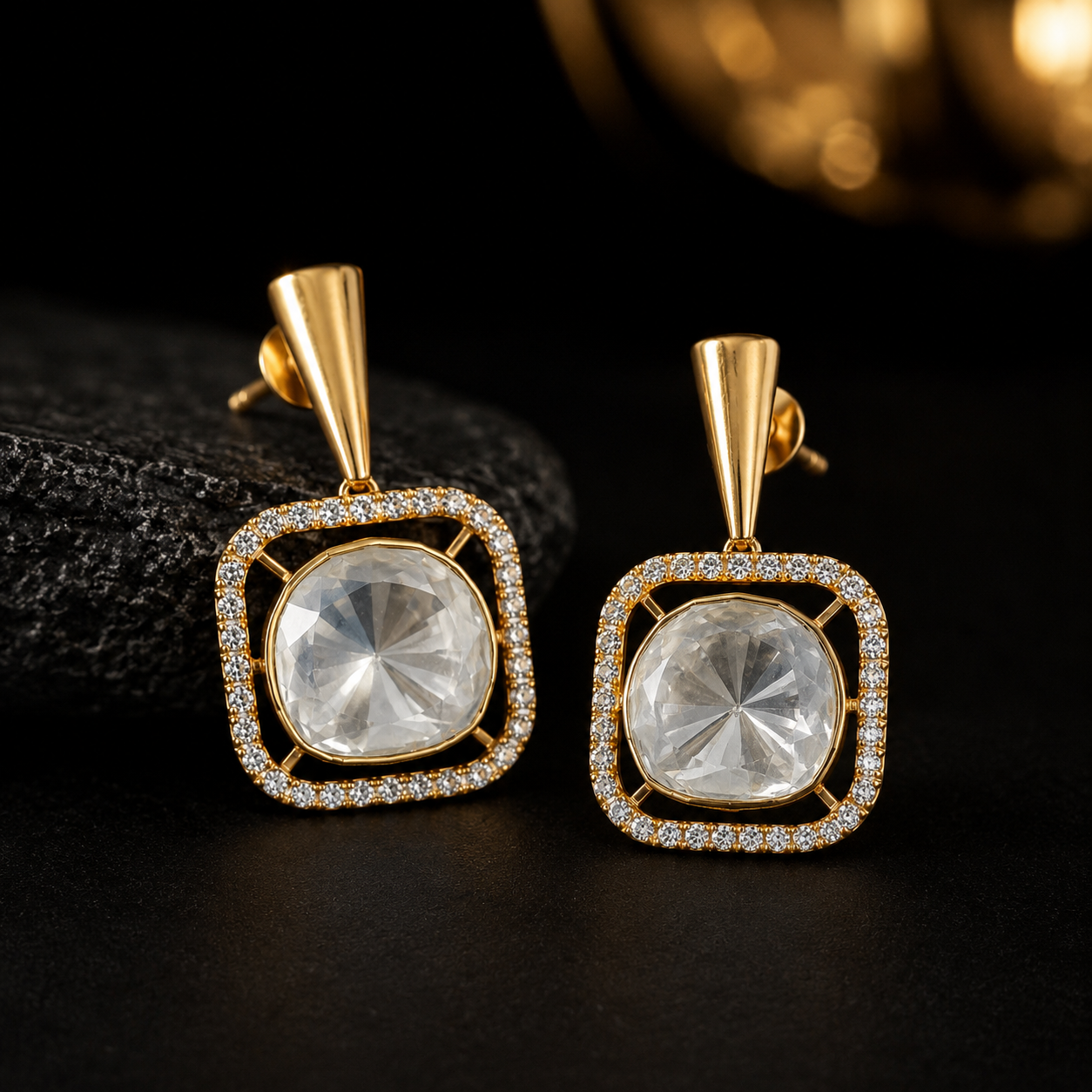 Gold Plated 925 Silver Moissanite Polki Dangle Earrings | Elegant Square Drop Earrings for Women