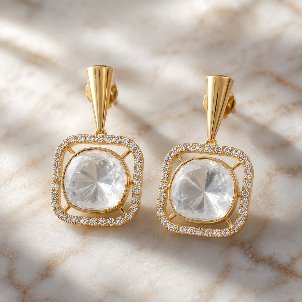 Gold Plated 925 Silver Moissanite Polki Dangle Earrings | Elegant Square Drop Earrings for Women
