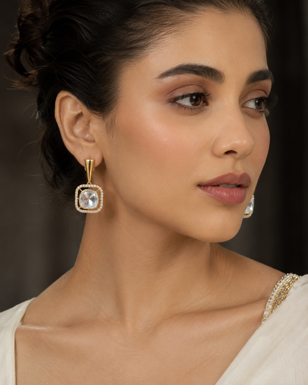 Gold Plated 925 Silver Moissanite Polki Dangle Earrings | Elegant Square Drop Earrings for Women
