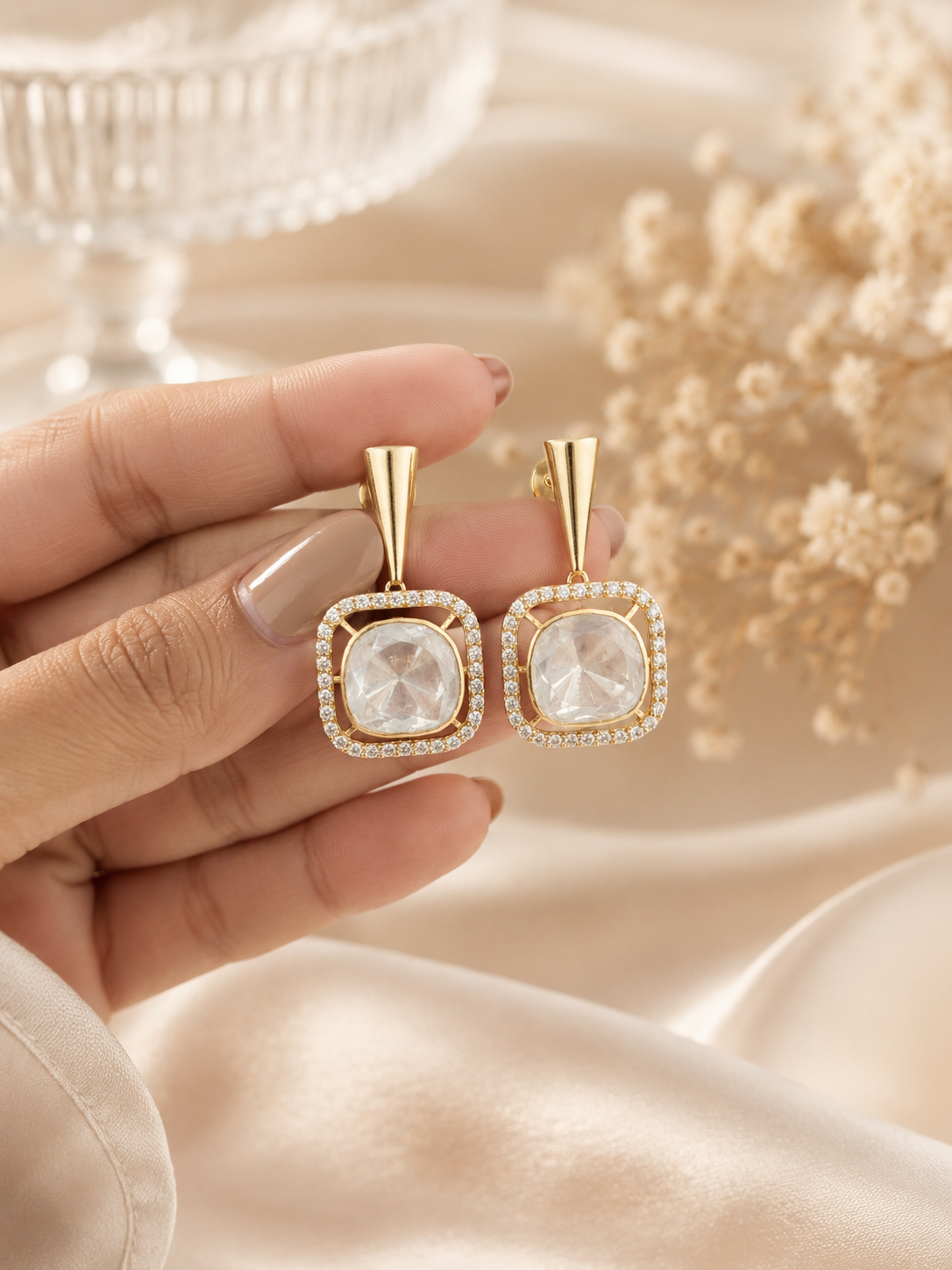 Gold Plated 925 Silver Moissanite Polki Dangle Earrings | Elegant Square Drop Earrings for Women