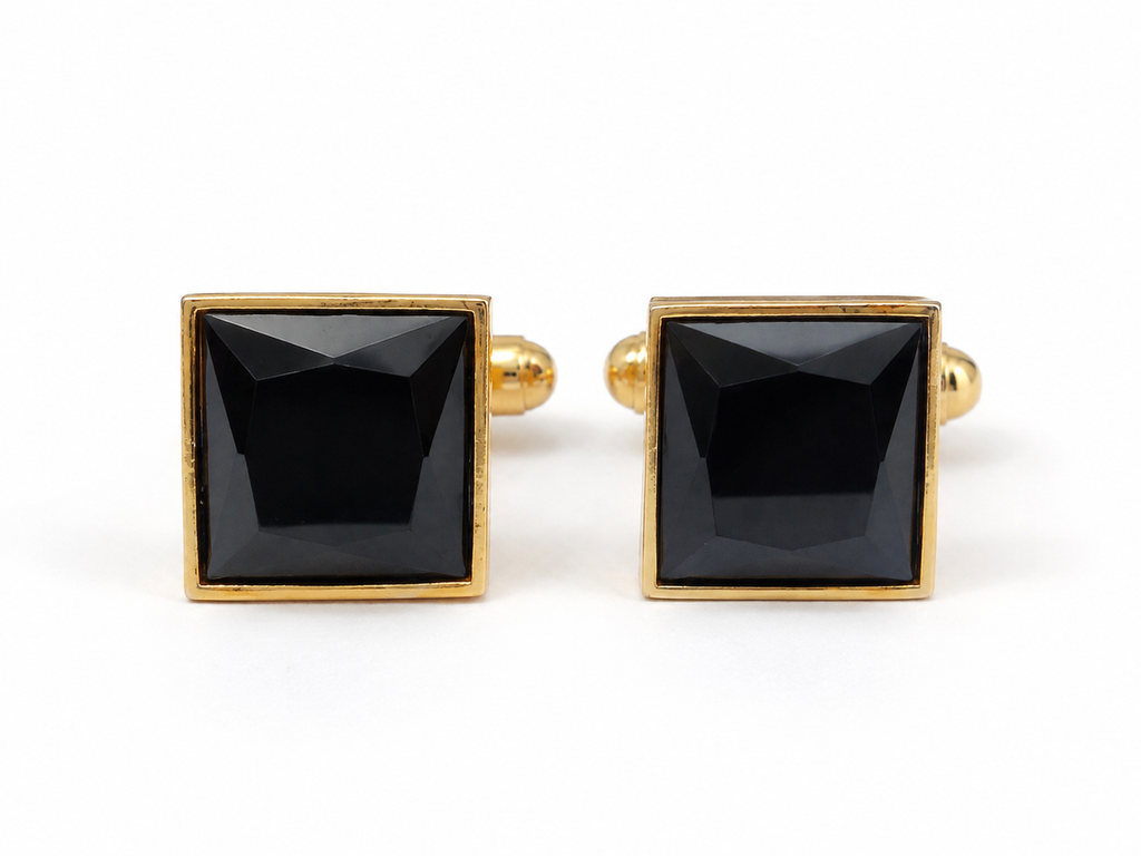 Black Square Cufflinks for Men – Gold Plated Brass Formal Cufflinks with Black Stone